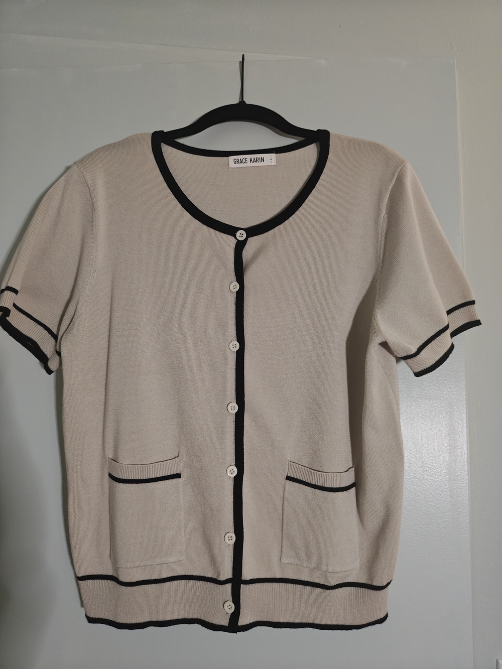 Grace Karin Beige Short Sleeve Cardigan with Black Trim